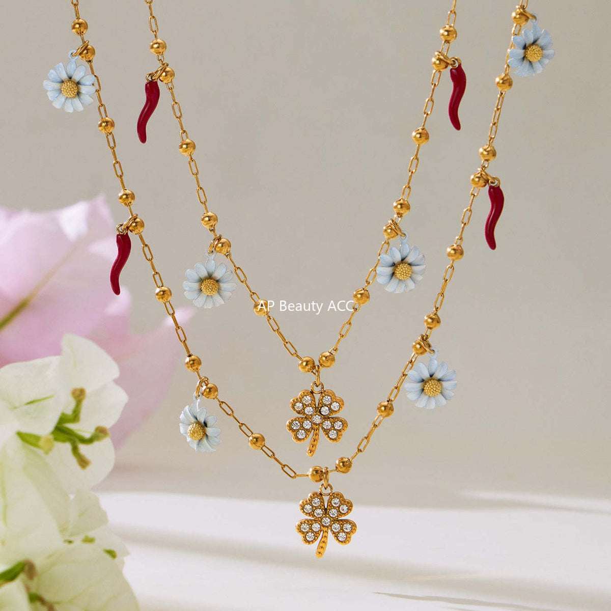 B廠-5A鋯石幸運草法國小雛菊多吊墜項鍊手鍊套裝不鏽鋼珠寶首飾「TXP483」25.11-4