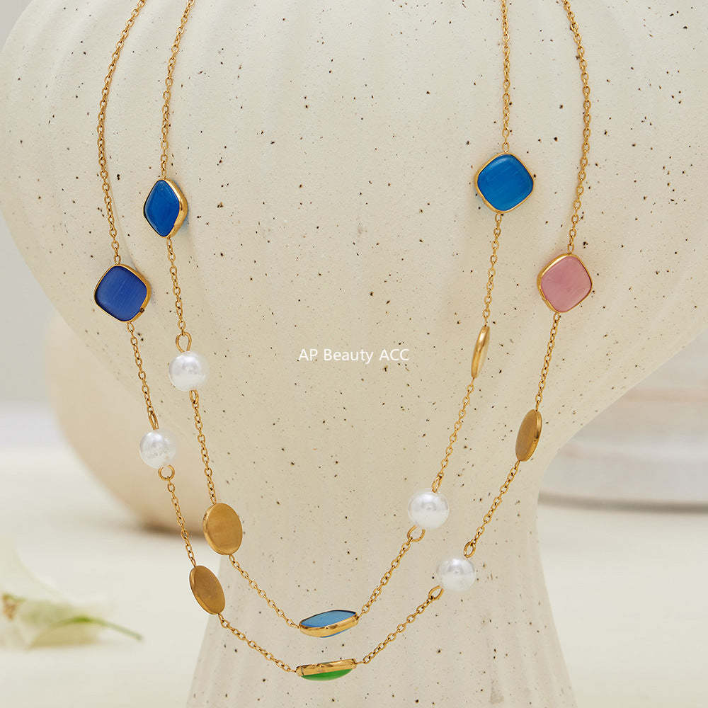 B廠-不鏽鋼貓眼石多色手工串膠珠鎖骨項鍊鍍18k真金質感女款珠寶首飾「P822」25.12-2