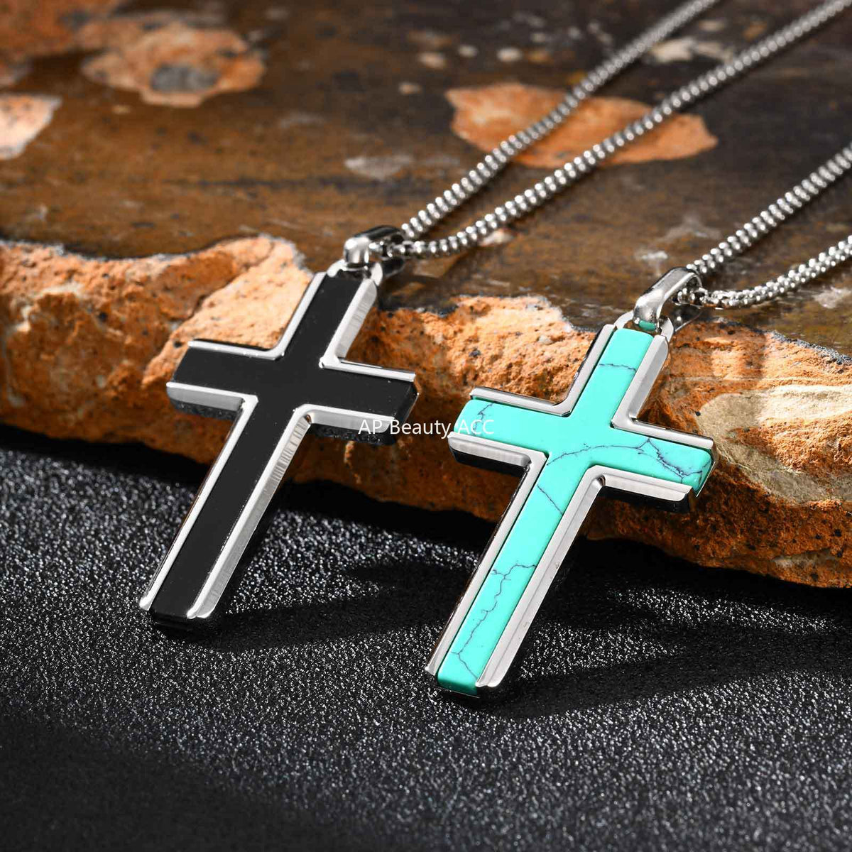 G廠-不鏽鋼歐美跨境男士項鍊十字架綠松石虎眼毛衣鏈簡約吊墜「PN-2224」25.12-2
