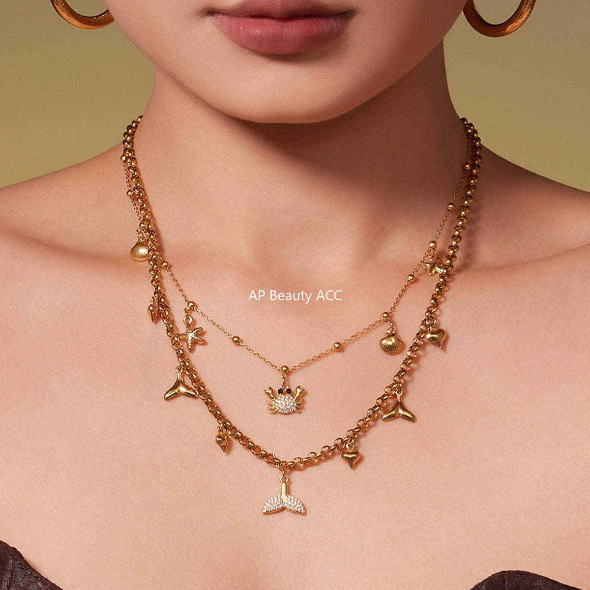 B廠-不鏽鋼DIY熱銷新款貝殼螃蟹5A鋯石帶鑽吊墜海洋沙灘風項鍊「P826」25.11-4