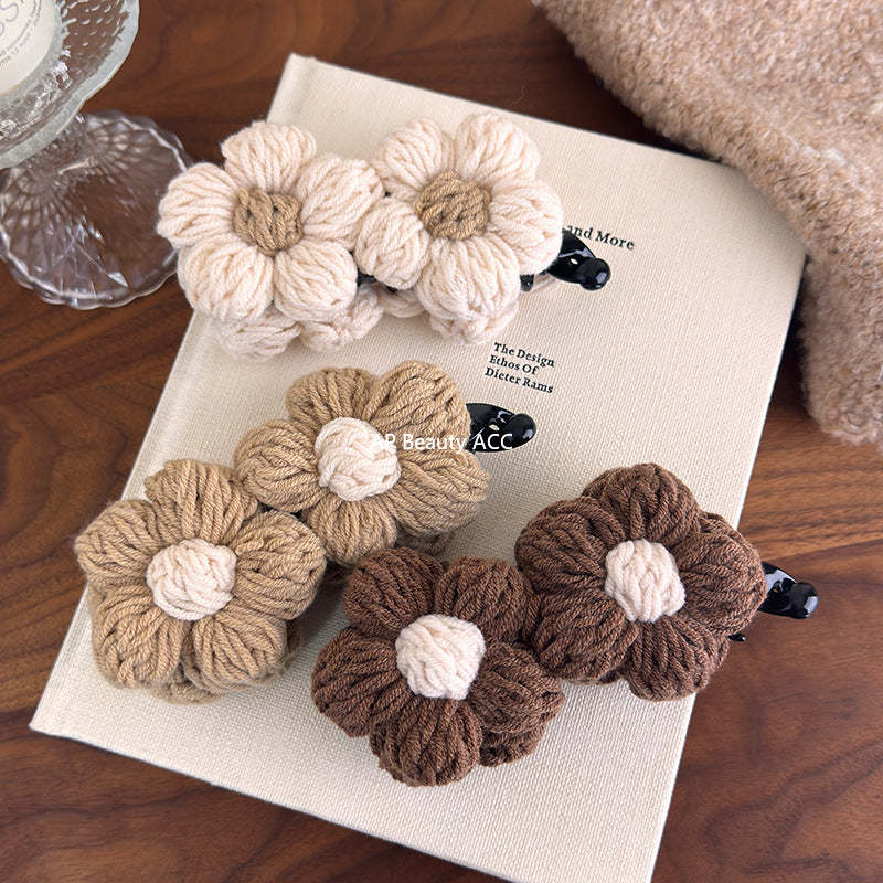 E廠-復古毛線花朵香蕉夾竪夾女秋冬飽滿後腦勺高馬尾抓夾氣質百搭髮夾「27628」25.11-1