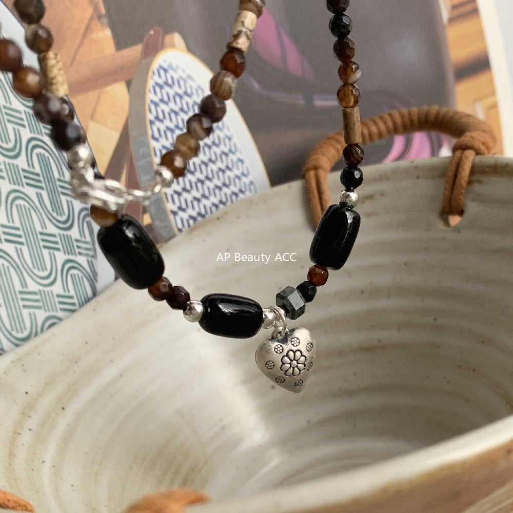 C廠-藏式民族風串珠項鍊S925純銀愛心花朵瑪瑙天然石文藝冷淡頸鏈手作「1607」25.11-2