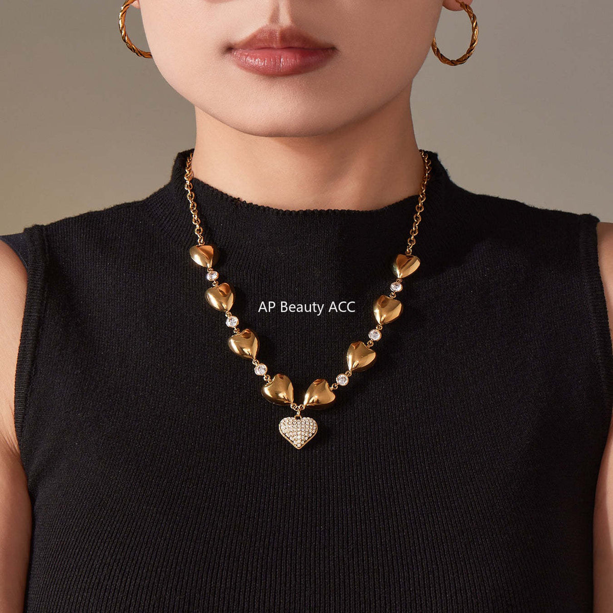 B廠-重工高質5A鋯石愛心滿鑽不鏽鋼空心項鍊鍍18k真金珠寶首飾「P1344」25.11-3