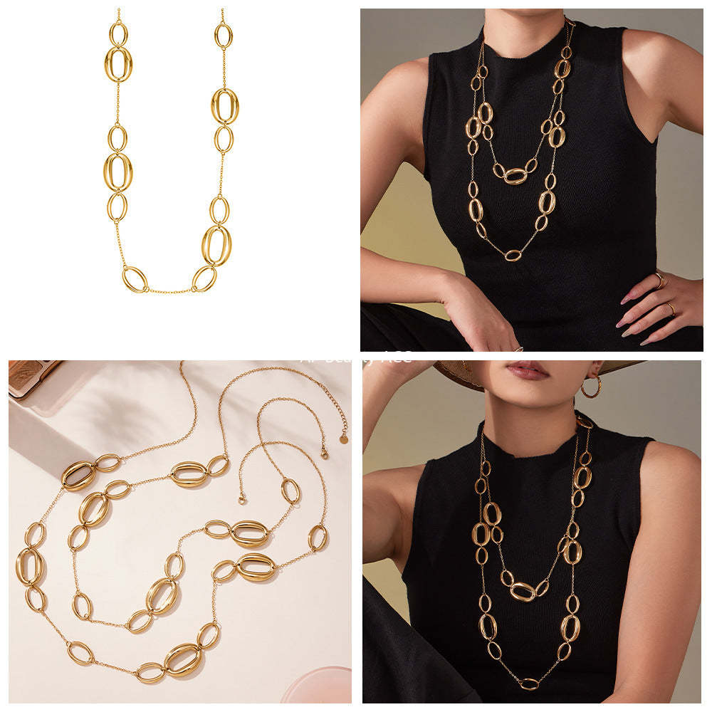 B廠-不鏽鋼幾何長款項鍊 鍍18k金ins歐美時尚百搭O字拼接毛衣「M084」25.11-3