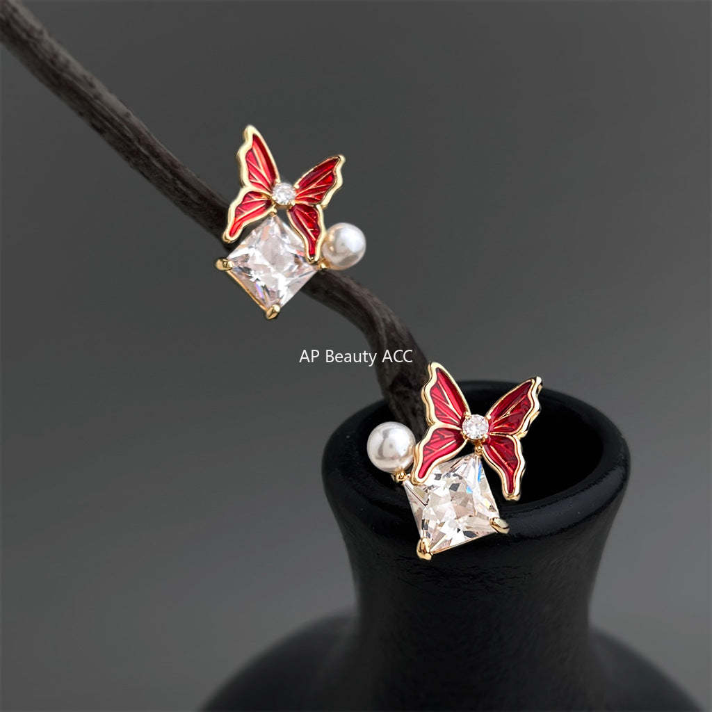 A廠-原創時尚高級感鑲嵌鋯石蝴蝶幾何925銀針新耳飾創意設計師耳釘「7215」25.12-2