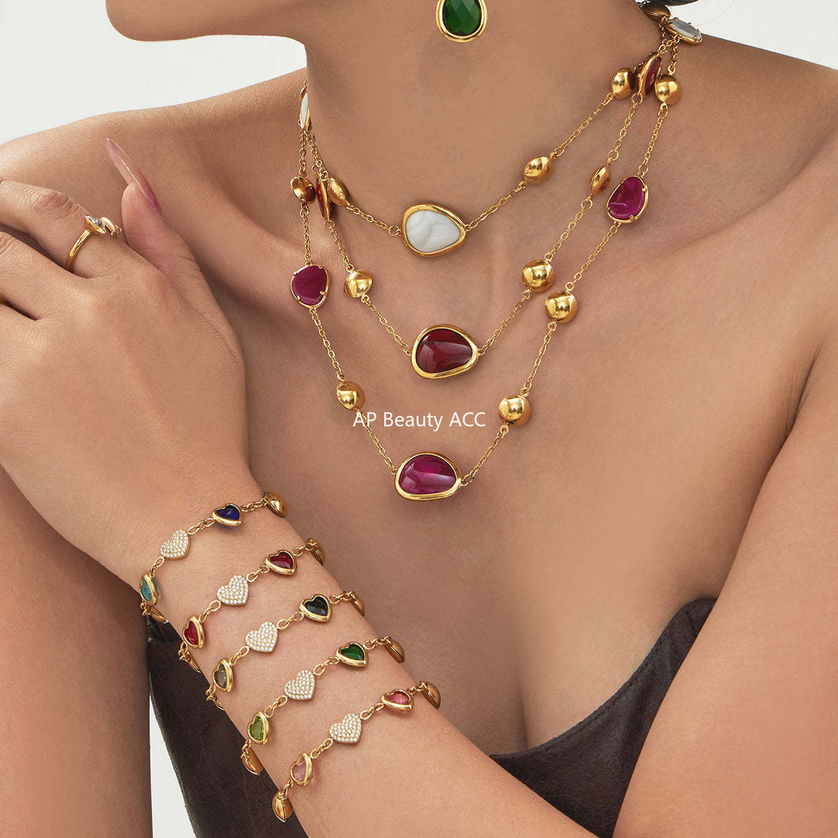 B廠-不鏽鋼彩色樹脂包邊項鍊5A鋯石愛心手鍊多巴胺飾品套裝鍍18k真金「TXP515」25.12-2