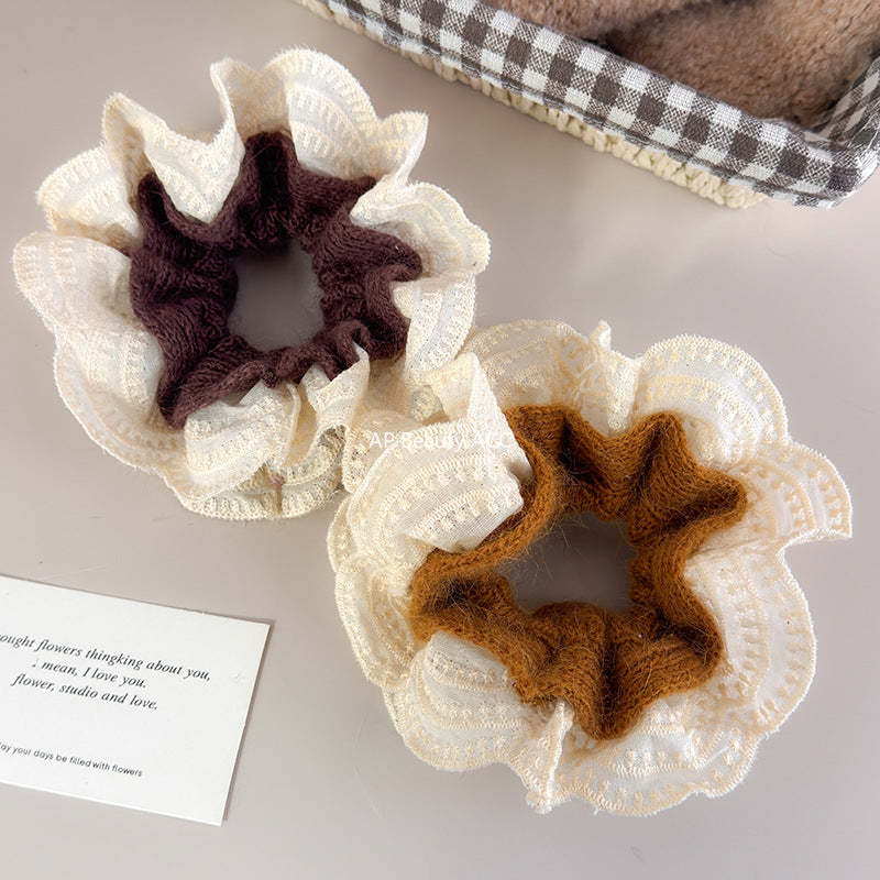 E廠-韓系慵懶風毛線針織蕾絲花邊雙層大腸髮圈女扎頭髮丸子頭髮繩頭繩「27716」25.11-4