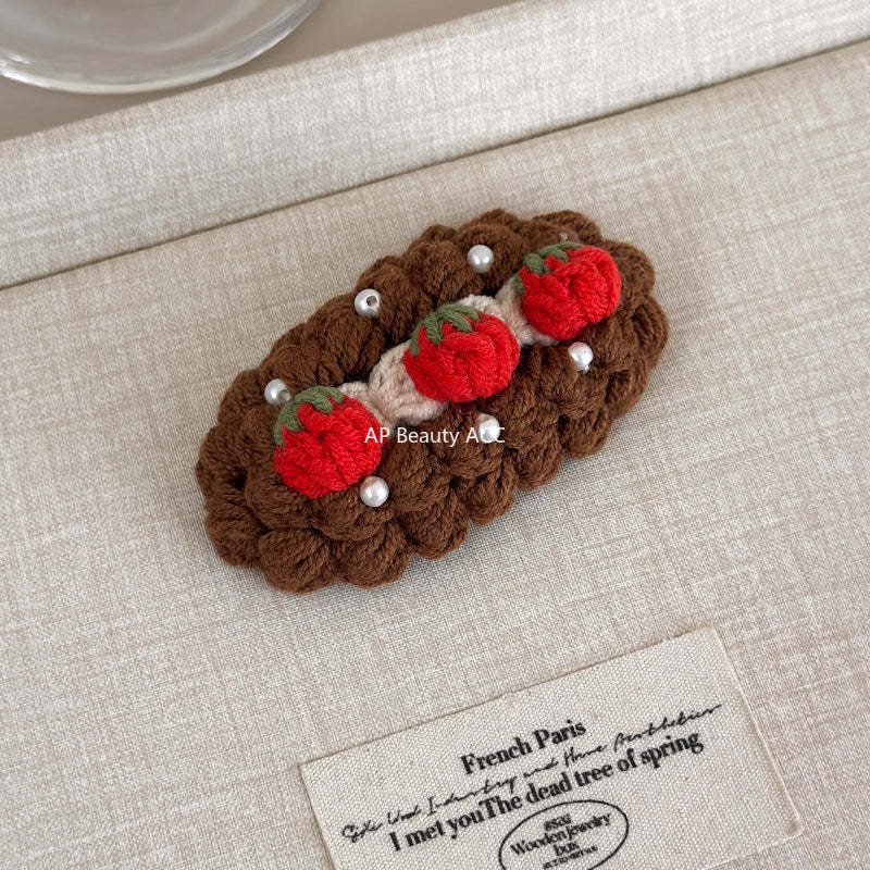 E廠-秋冬手工鈎針毛線水果髮夾女款2025新款前額bb夾側邊夾碎髮瀏海夾「27629」25.11-1