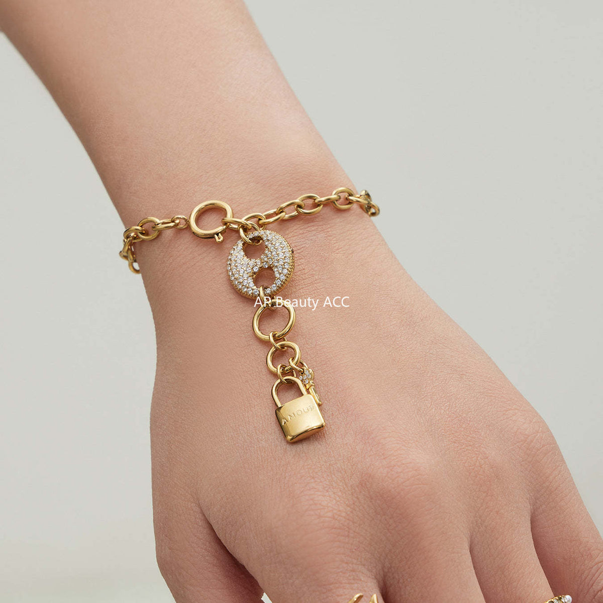 B廠-不鏽鋼滿鑽鋯石豬鼻子鎖頭流蘇吊墜珠寶扣項鍊手鍊套裝鍍18k真金「TXP516」25.12-2