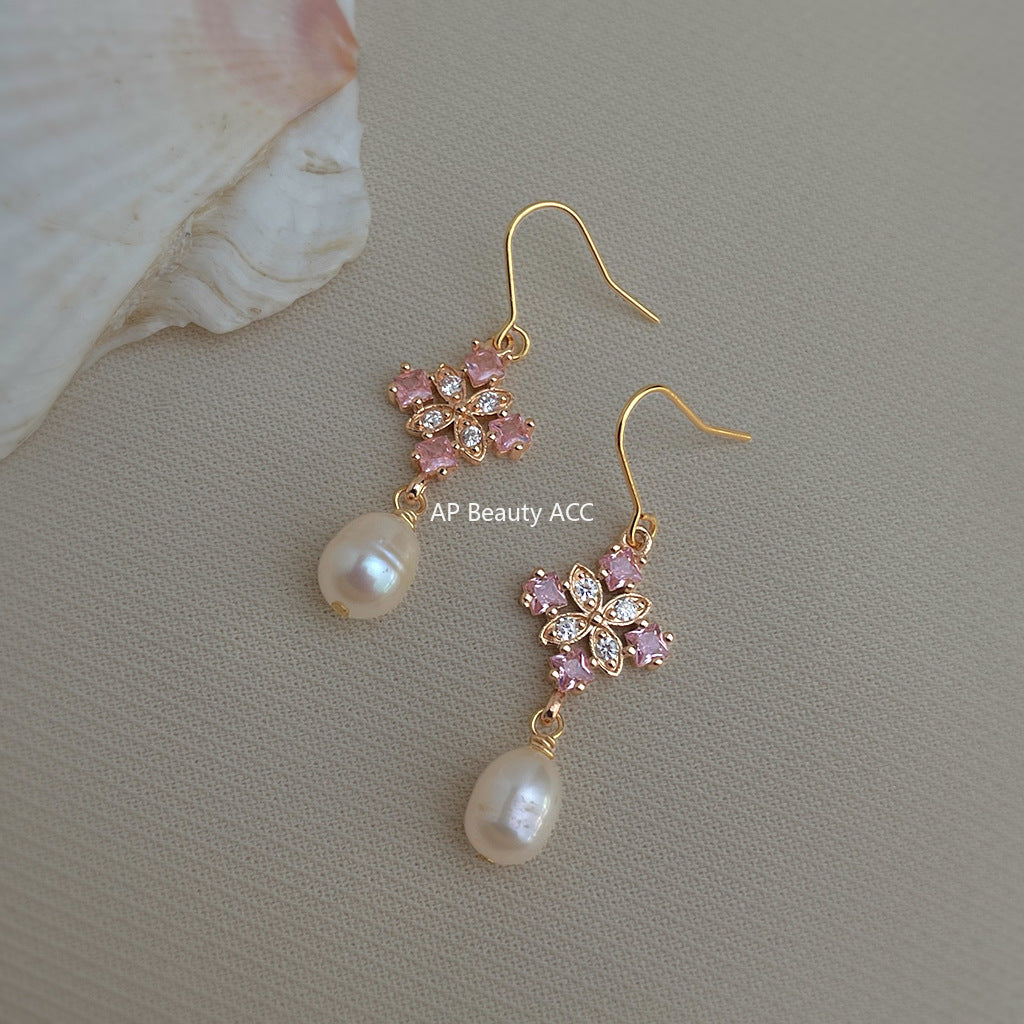 A廠-淡水珍珠微鑲鋯石清新甜美小香風新款耳飾工廠飾品水滴耳環「7045」25.11-1