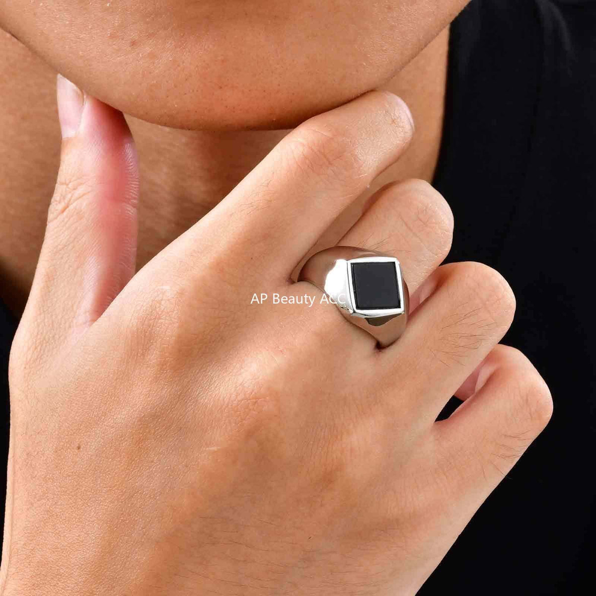 G廠-不鏽鋼男士個性街頭鬆弛菱形綠松石黑瑪瑙度假穿搭戒指鋼色「RC-967」25.10-5