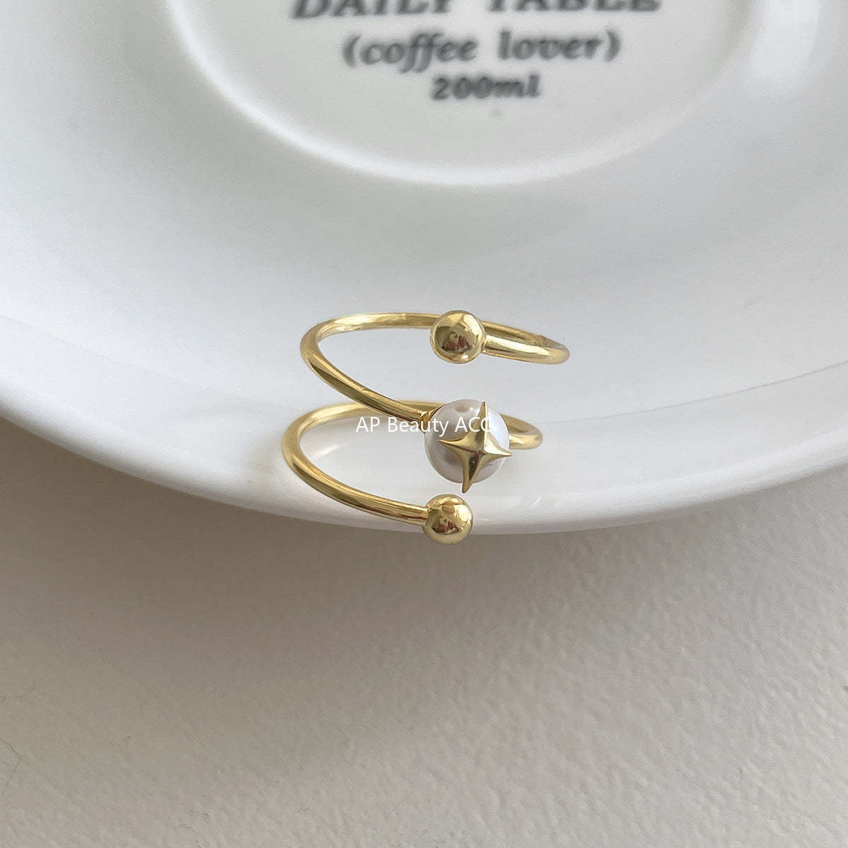 C廠-法式氣質名媛高級感珍珠戒指女百搭純銀疊戴風旋轉四芒星食指戒「JZ-0715」25.10-5