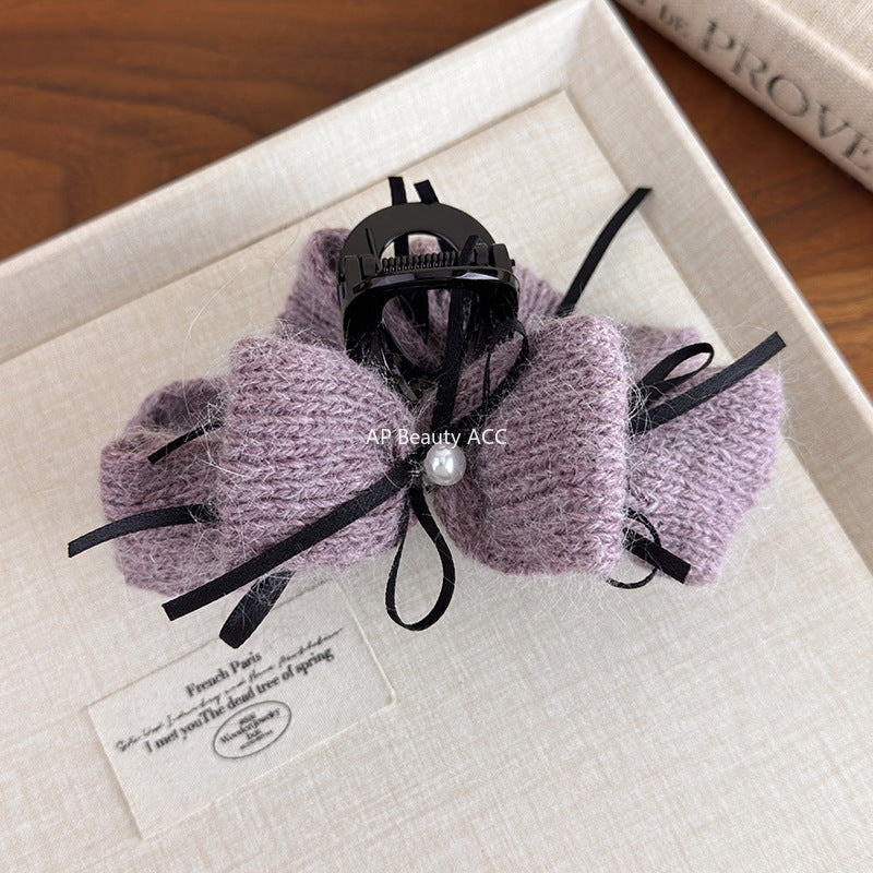 E廠-秋冬氛圍感韓系兔毛毛線珍珠絲帶蝴蝶結抓夾後腦勺髮夾精緻鯊魚夾「27667」25.11-2