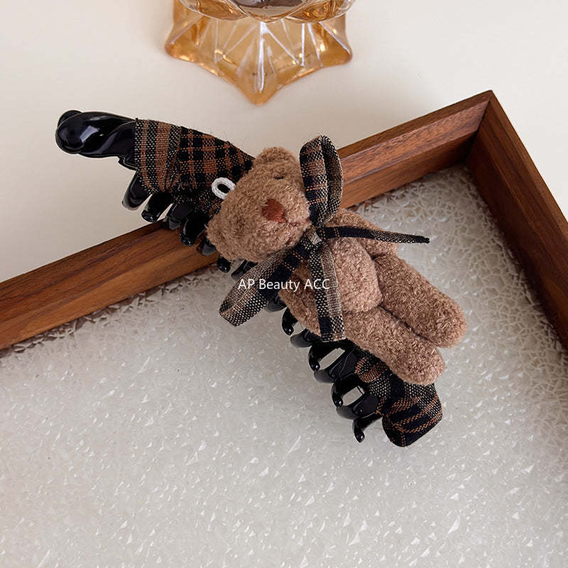 E廠-美拉德格紋布藝蝴蝶結玩偶小熊香蕉夾髮夾竪夾大號馬尾夾韓版髮飾「27722」25.11-4