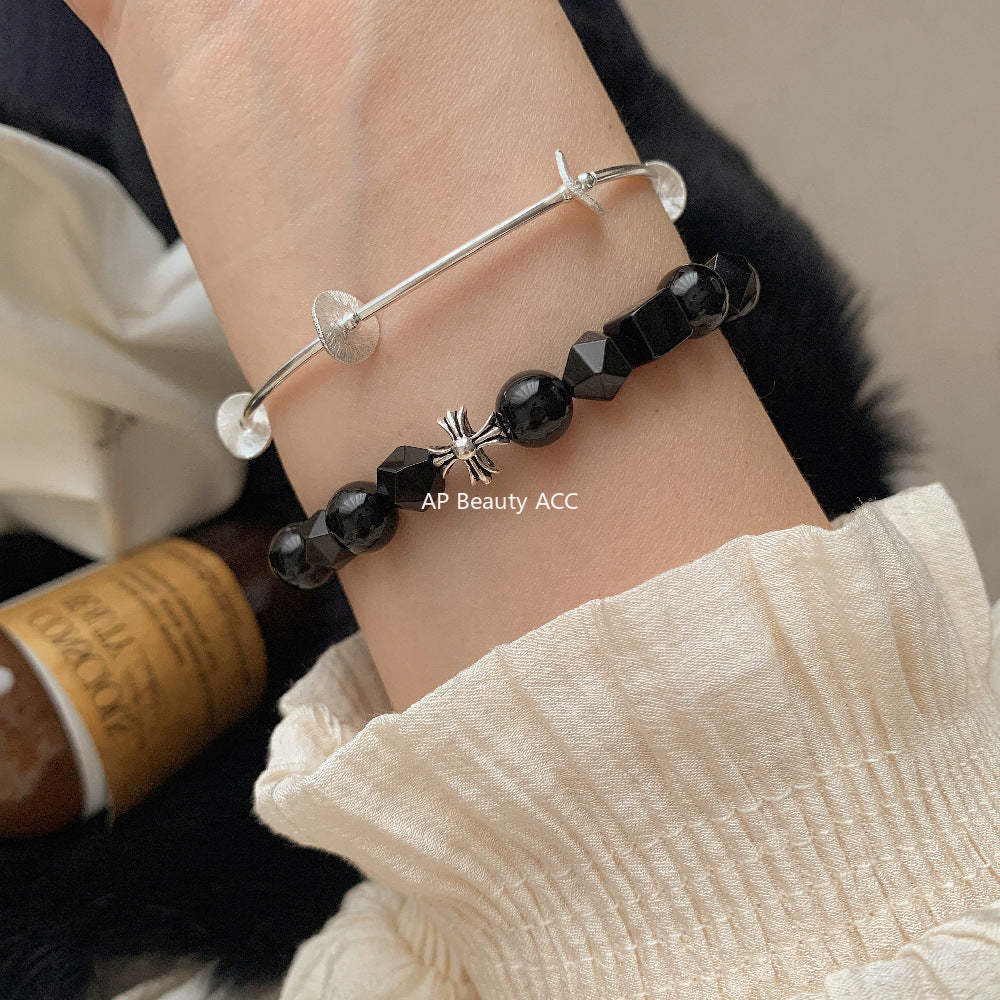 C廠-韓國東大門復古泰銀中性風S925銀十字架黑瑪瑙黑曜石手鍊通體銀「1512」25.11-3