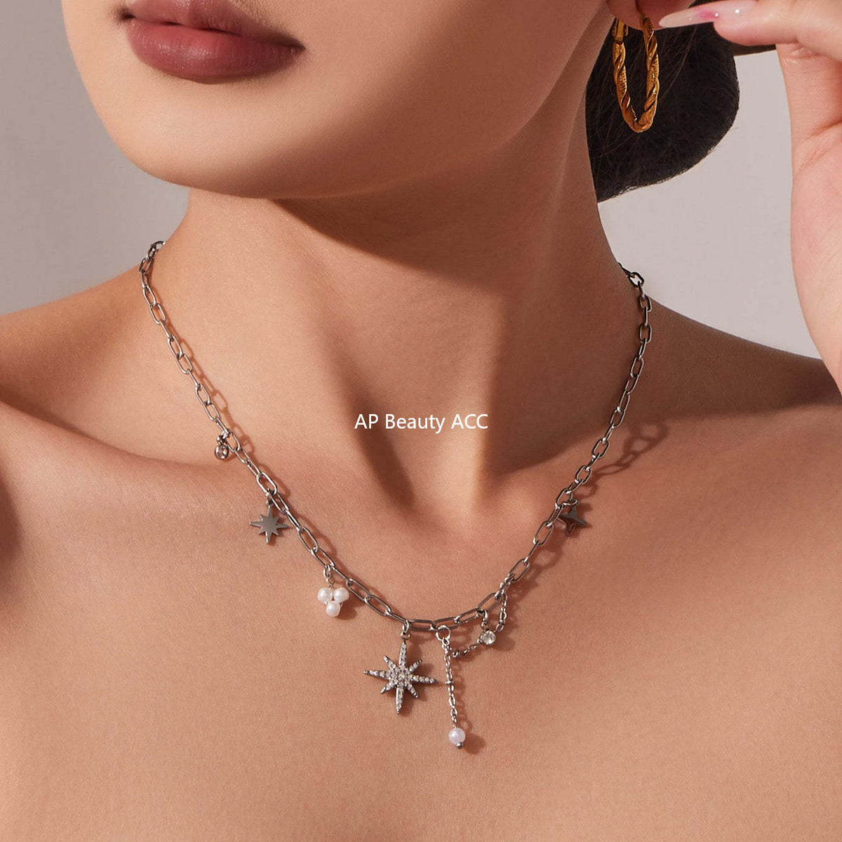 B廠-超閃八芒星5A鋯石吊墜手工鏈鎖骨項鍊不鏽鋼鍍18k真金飾品「P1154」25.11-4