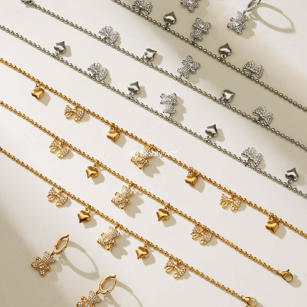 B廠-不鏽鋼5A鋯石滿鑽小熊蝴蝶結愛心多配件吊墜項鍊手鍊耳環首飾套裝「TXP500」25.11-4