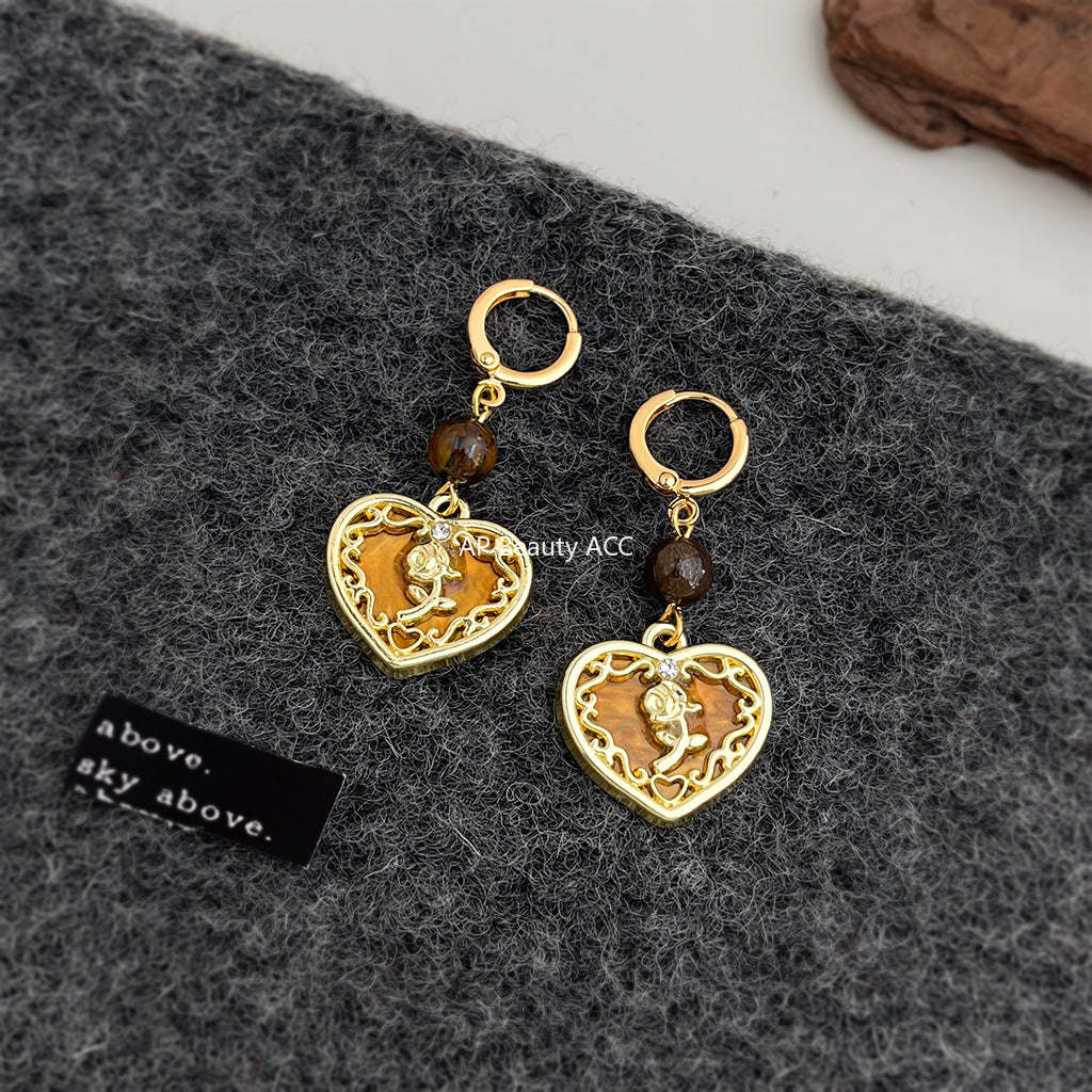 A廠-文藝復古美拉德風愛心玫瑰花中古風新款耳環手工耳環女飾品「7148」25.11-4