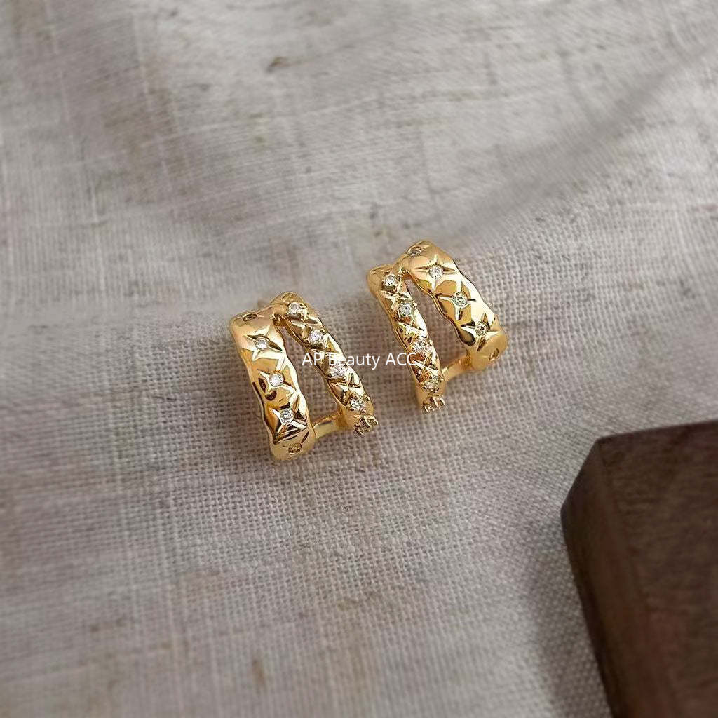 A廠-微鑲鋯石時尚高級感幾何925銀針保色 新款輕奢風芒星耳飾工廠耳環「7222」25.12-2