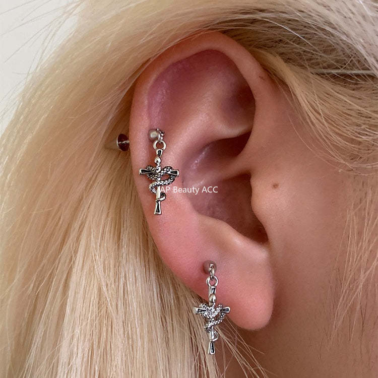 C廠-酷颯黑暗風纏繞小蛇十字架耳釘女輕奢高級感氣質鈦鋼耳骨釘新耳飾「EH-4346」25.12-3
