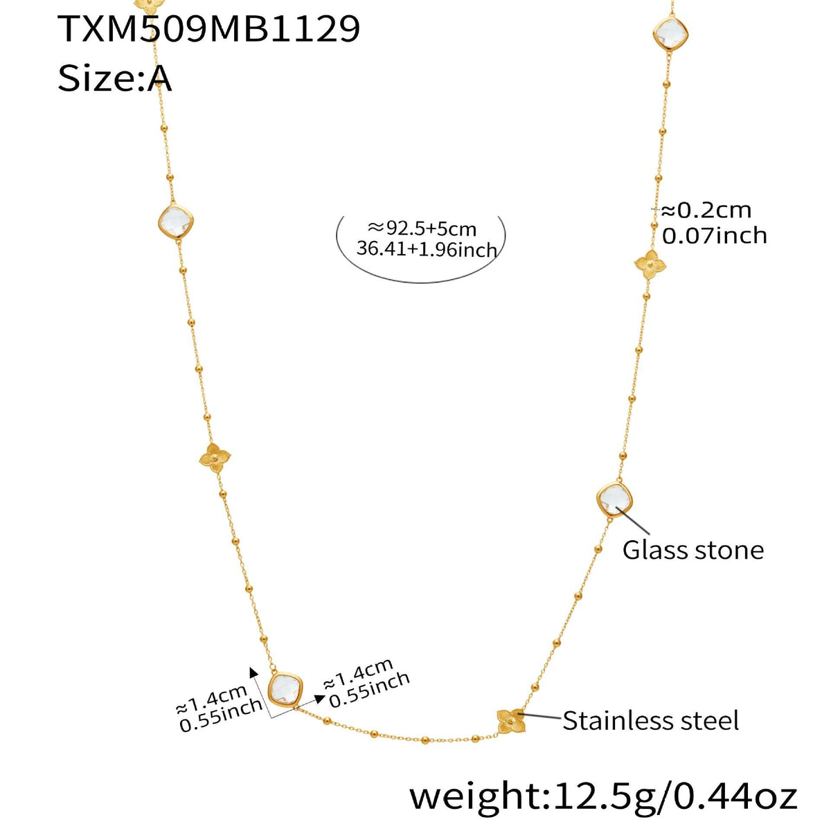 B廠-不鏽鋼四葉花鑲鋯石切麵包邊石頭手鍊長款毛衣鏈項鍊耳環首飾套裝「TXP509」25.12-1