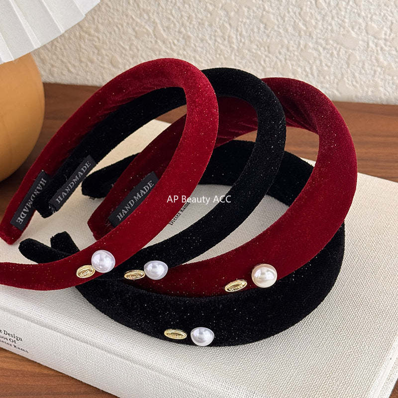 E廠-復古港風絲絨頭箍喜慶紅色絨面珍珠銘牌寬窄髮箍新款新年時尚髮卡「27822」25.12-3