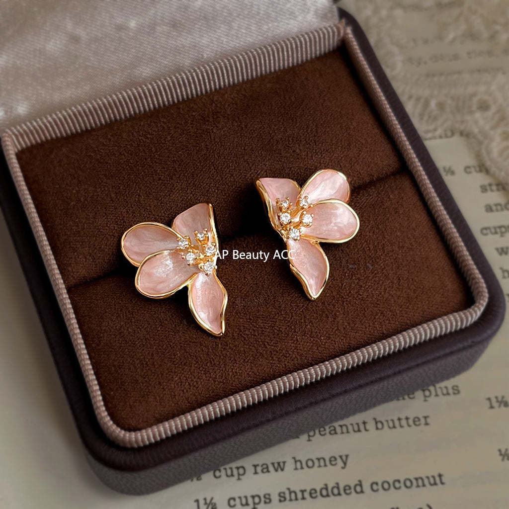 A廠-溫柔氣質微鑲鋯石925銀針清新甜美小香風琺瑯滴釉花朵耳環 耳飾女「6950」25.10-5