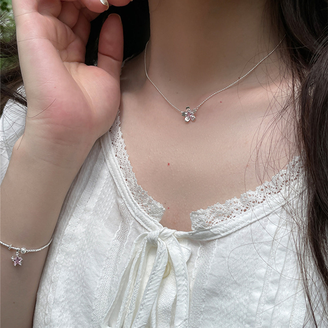 C廠-甜美小清新桃花吊墜項鍊女時尚輕奢氣質純銀鎖骨鏈ins高級感頸鏈「XL-1201」25.08-3