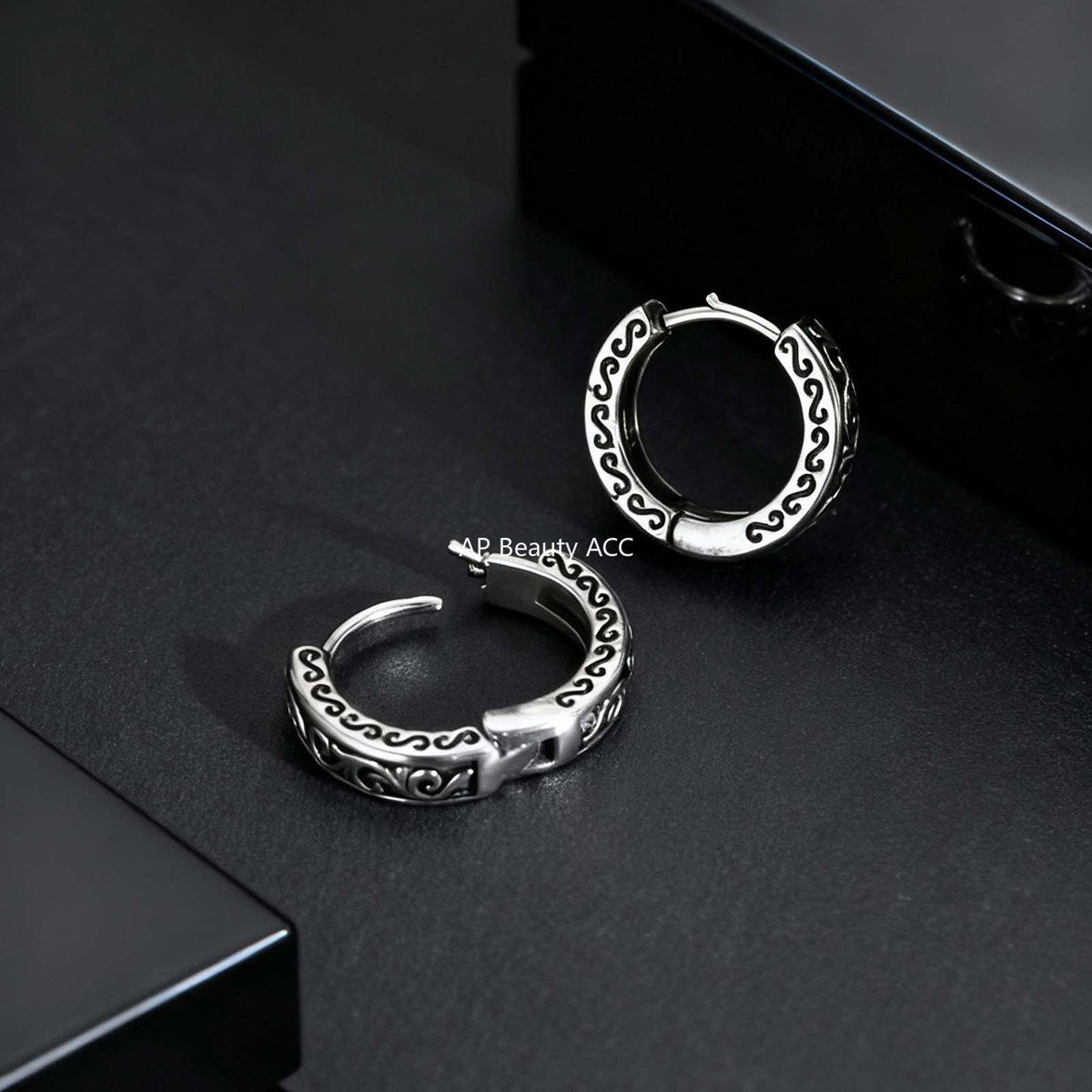 G廠-不鏽鋼花紋耳圈鋼色草紋花紋耳環男女街頭時尚嘻哈潮人耳飾「EH-839」25.12-1