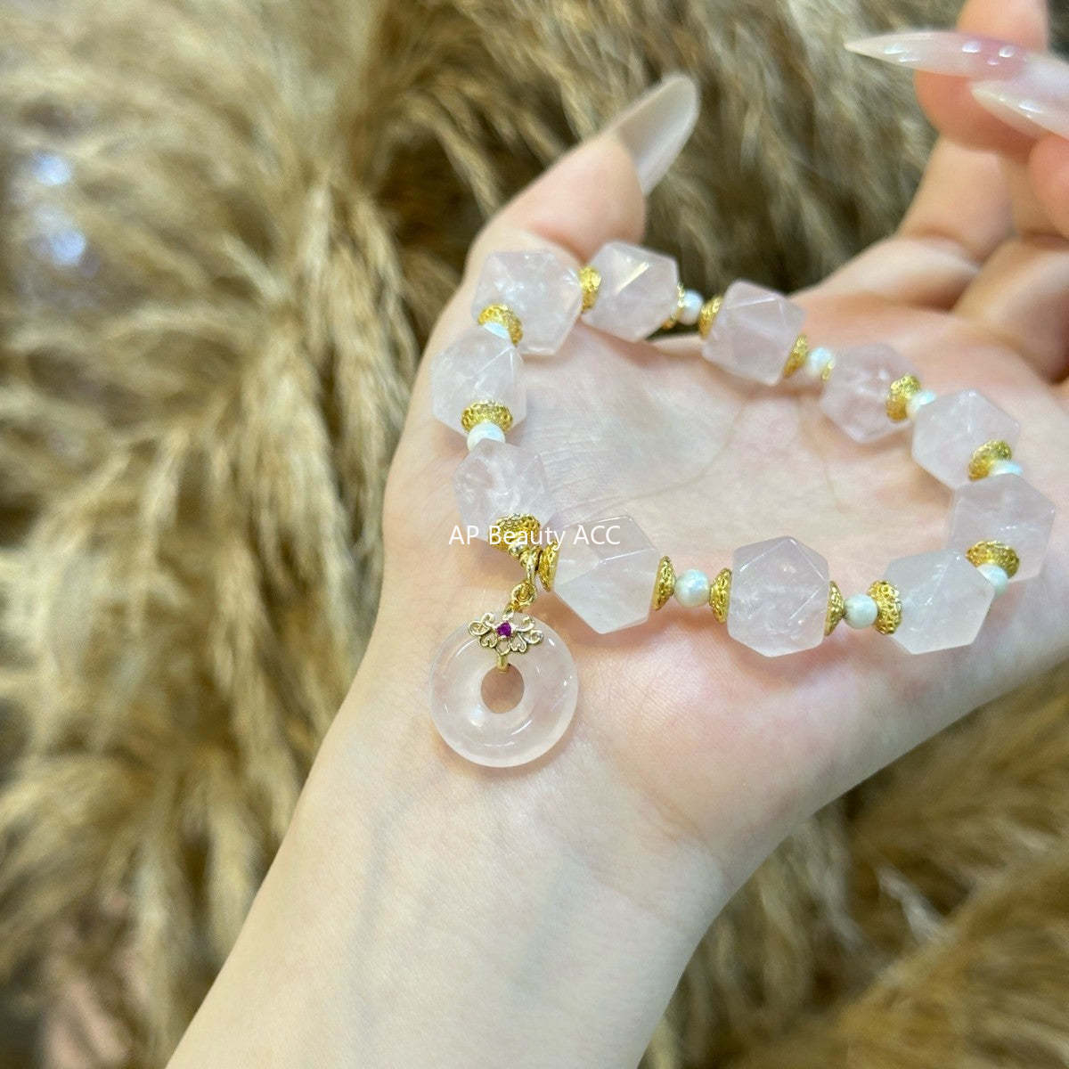 AS廠-天然粉水晶隨型平安扣吊墜甜美手鍊手串DIY設計珍珠時尚批發「l2973」25.11-3