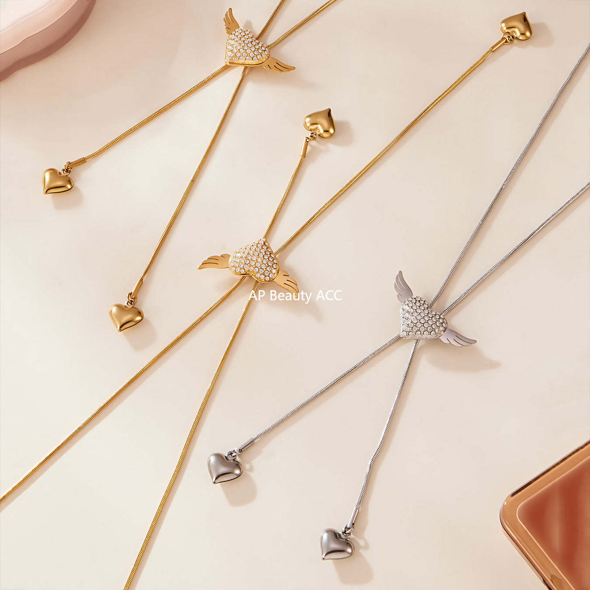 B廠-5A鋯石愛心翅膀抽拉項鍊個性ins冷淡風不鏽鋼流蘇項鍊批發「P1870」25.11-3
