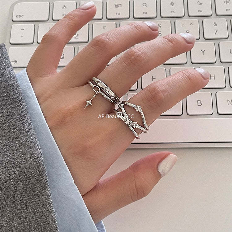 C廠-時尚個性冷淡風星星吊墜純銀戒指女小眾輕奢疊戴風多層鋯石食指戒「JZ-0720」25.10-5