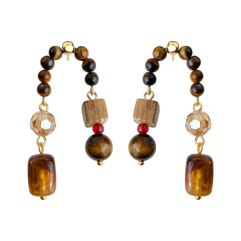A廠-美拉德風原創手工藝設計感天然石虎眼石琥珀色復古文藝工廠耳環「7116」25.11-3