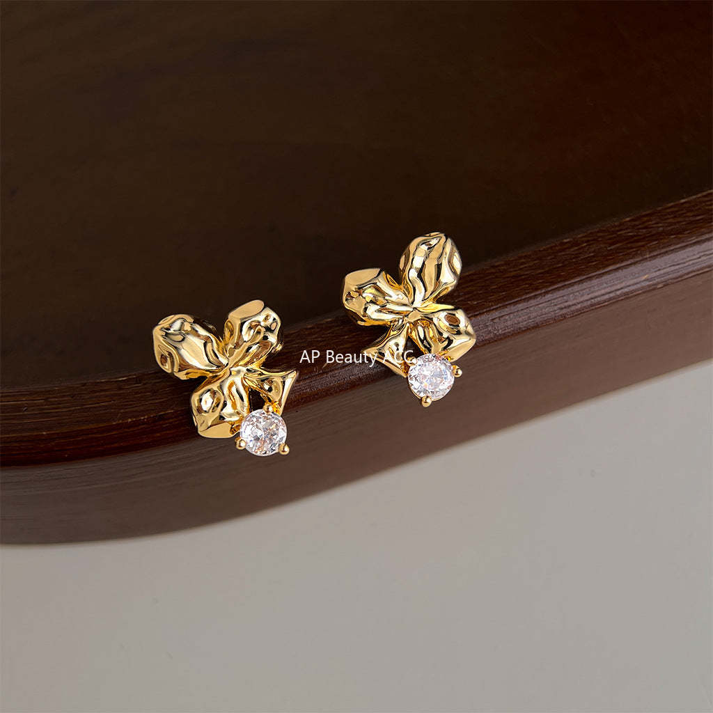 A廠-原廠梅花微鑲鋯石925銀針鍍14K時尚通勤簡約個性新款耳飾耳釘「7137」25.12-1