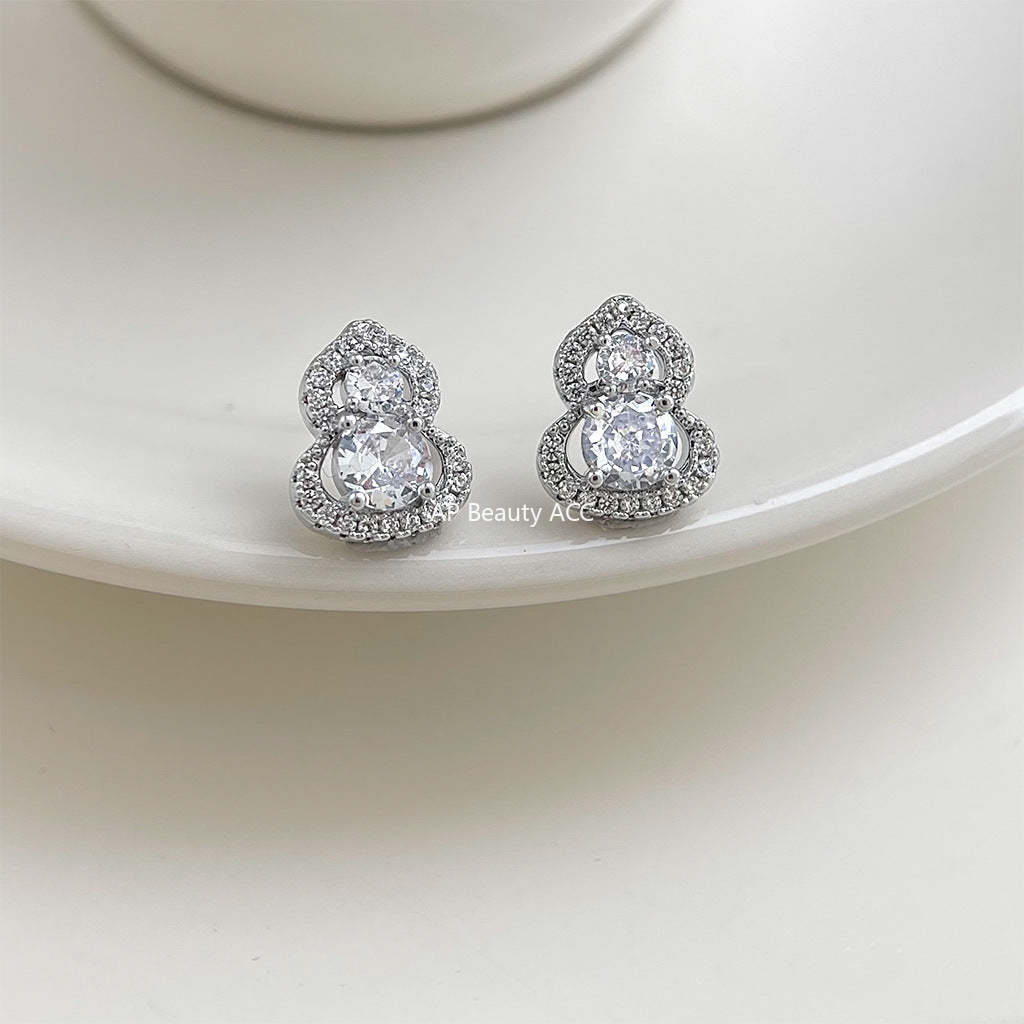 A廠-小眾設計微鑲鋯石葫蘆 925銀針耳環氣質簡約時尚通勤個性百搭耳飾「7199」25.12-1