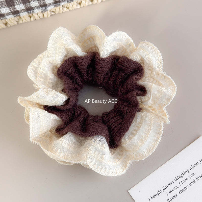 E廠-韓系慵懶風毛線針織蕾絲花邊雙層大腸髮圈女扎頭髮丸子頭髮繩頭繩「27716」25.11-4