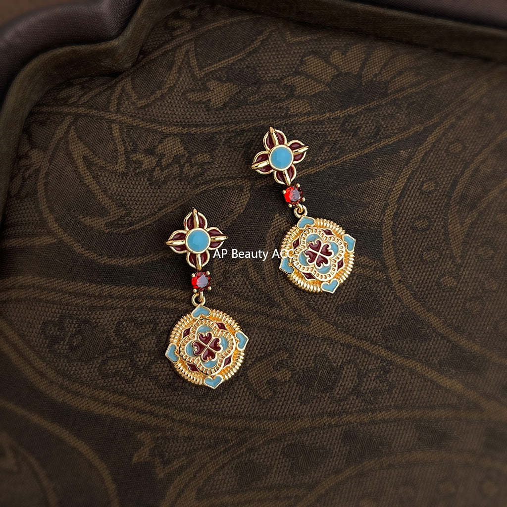 A廠-原創設計新中式民族風925銀針琺瑯滴釉彩繪文藝復古高級感耳飾 耳環「7038」25.11-1