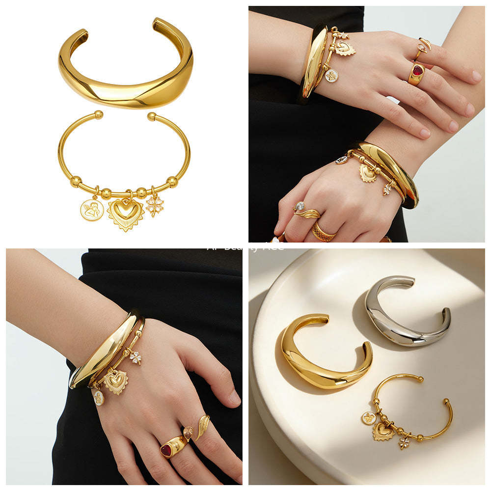 B廠-不鏽鋼鋯石花朵愛心吊墜手鐲C型斜角高拋光 光面百搭手環鍍18k金「Z516-Z517」25.12-2