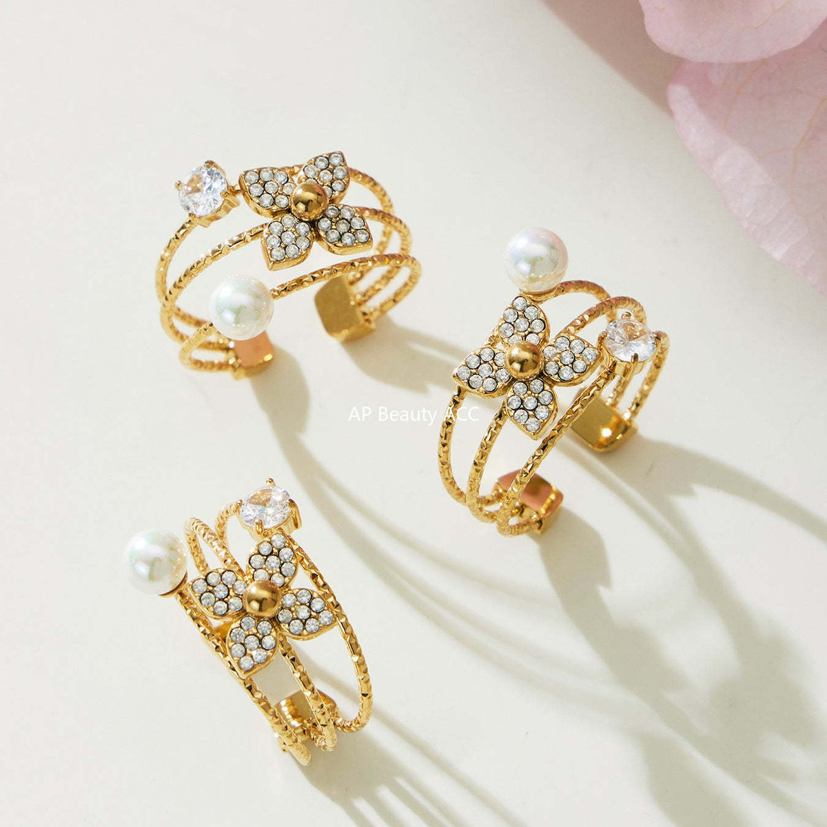 B廠-熱銷新品重十字夾珠鬱金香花朵鑲鋯石滿鑽鎖骨項鍊戒指套裝「TXP489」25.11-4