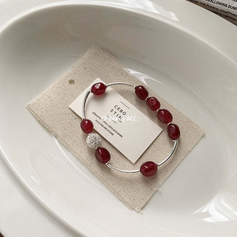 C廠-小紅薯同款招桃花紅瑪瑙紅玉髓彈力手鍊縷空繡球S925純銀手鍊「1517-1518」25.11-3