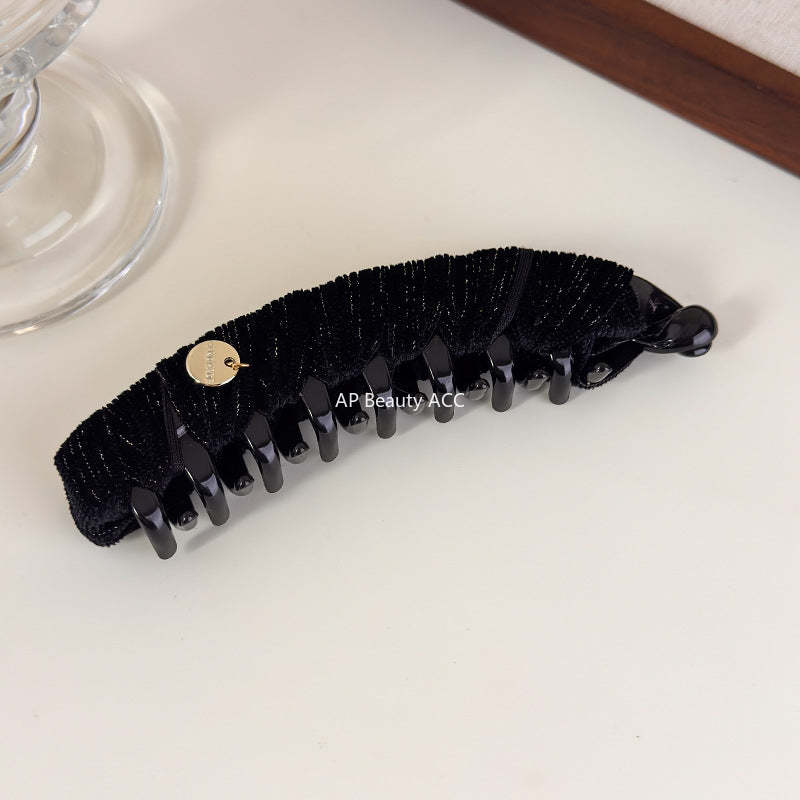 E廠-秋冬復古絨布三角抓夾輕奢純色布藝纏繞香蕉夾高級感扎馬尾竪夾「27720」25.11-4