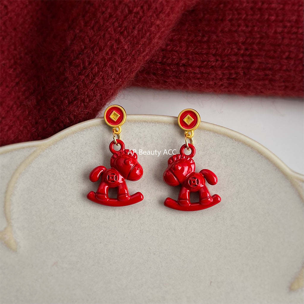 A廠-馬上有錢 馬年新年款木馬吉祥新款個性新中式耳環工廠飾品小紅馬耳飾「7207」25.12-2