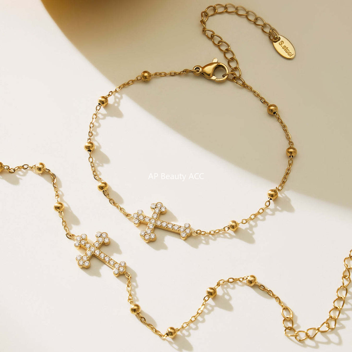 B廠-超閃5A鋯石十字架吊墜項鍊手鍊耳環戒指首飾套裝不鏽鋼材質「TXP487」25.11-4