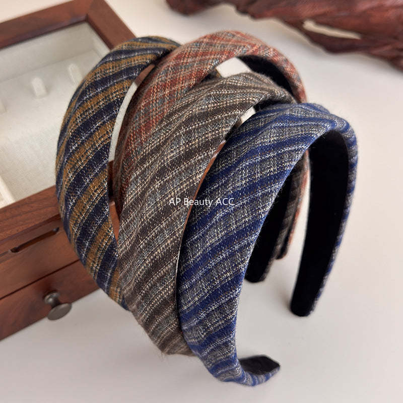 E廠-韓國經典復古格紋凹凸髮箍女2025新款法式高顱頂寬邊氣質頭箍髮飾「27675」25.11-3