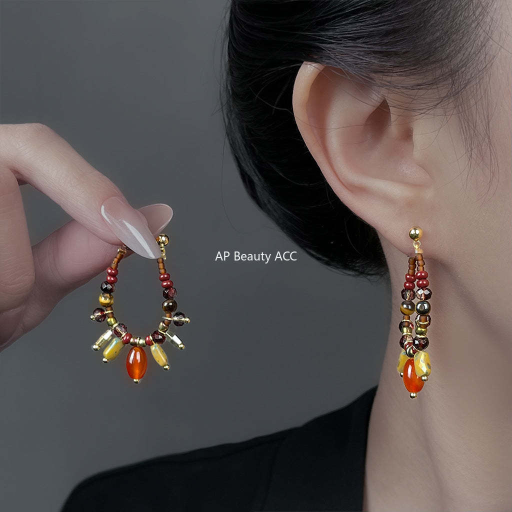 A廠-捷克琉璃手工設計感虎眼石天然石玻璃水晶新款民族風耳飾耳環「6969」25.10-5