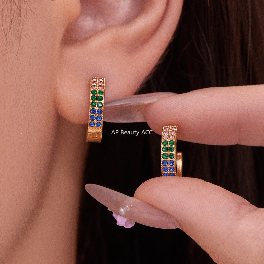 B廠-簡約C型鑲彩鑽拼色鋯石耳扣不鏽鋼鍍18k真金輕奢小眾耳環女「F798」25.11-1