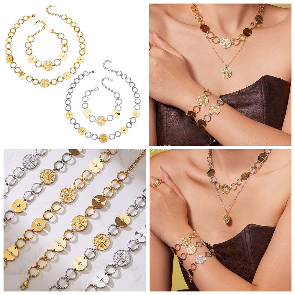 B廠-歐美新款配飾不鏽鋼圓片字母鑲嵌鋯石項鍊手鍊套裝鍍18k金「TXP488」25.11-4