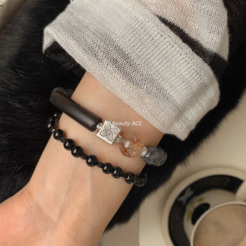 C廠-藏式古風 花朵方糖天然黑金超七水晶沈香木半鐲墨玉手串手工手鍊「1611」25.11-4