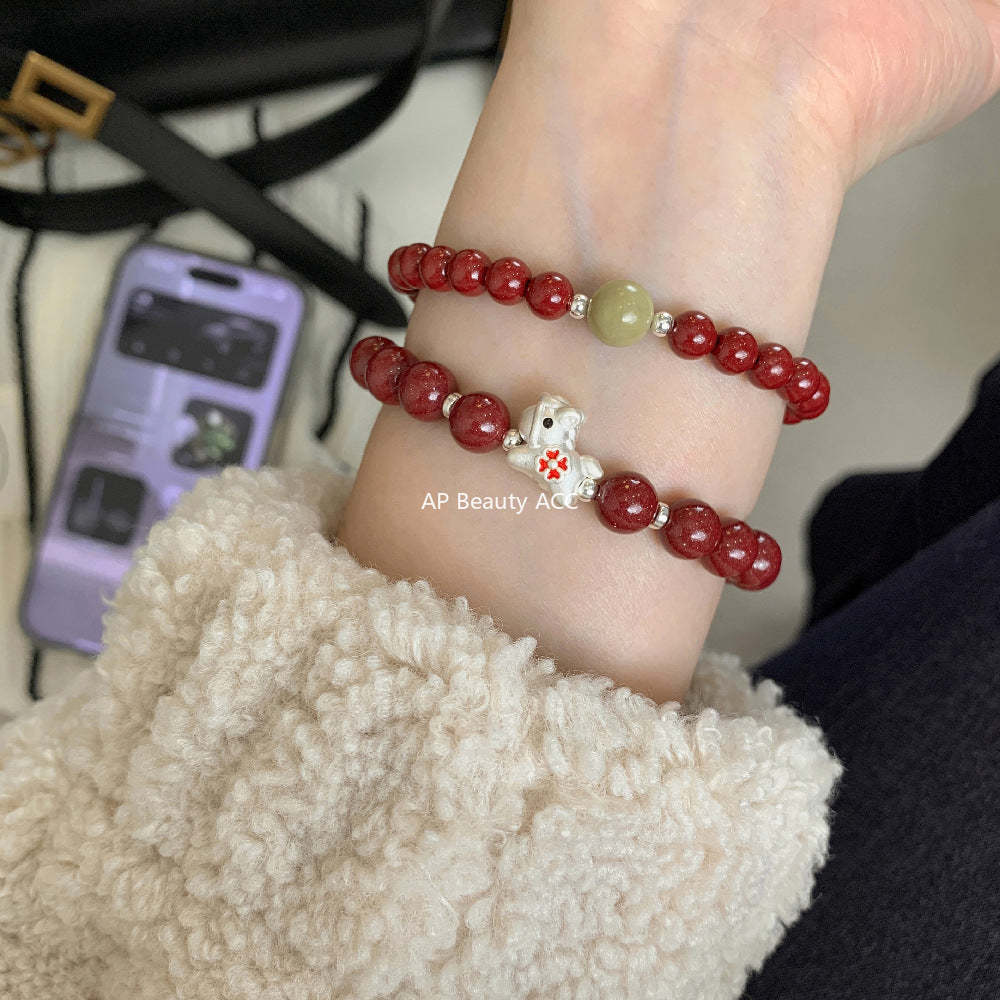 C廠-高含量天然朱砂手鍊女本命年屬馬生肖馬年琺瑯四葉草紫金砂手串「1638」25.12-3