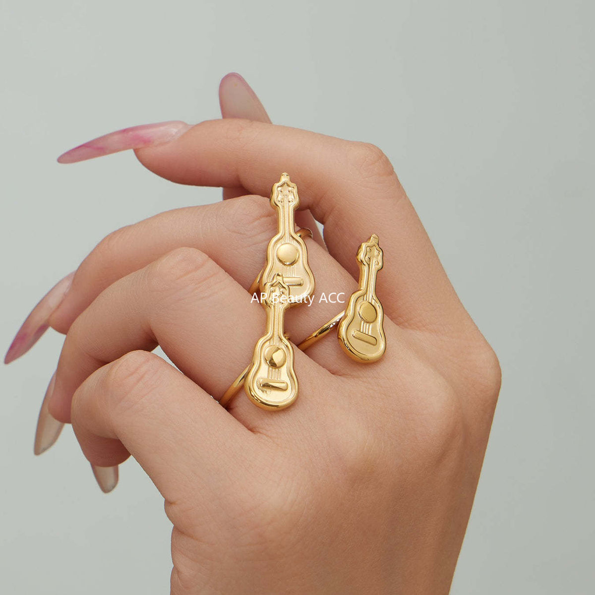 B廠-不鏽鋼小吉他開口戒指鍍18k真金學院風個性潮酷配飾ins小眾設計感「A542」25.12-3